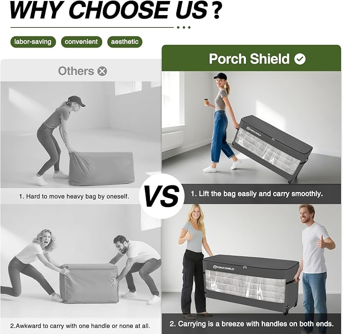 Porch Shield Rolling Cushion Storage Bag with Wheel - Heavy Duty Large Container for Furniture Pillow 7.5 Ft Tree Christmas 48" L x 15" W x 22" H
