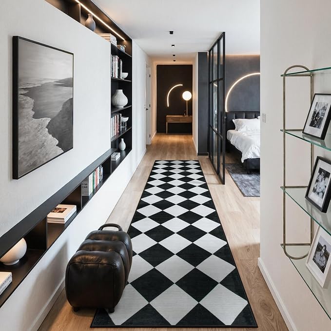 Beeiva Checkered Print Washable Rug Runners for Hallways Non Slip 2.5x10, Ultra Thin Black Kitchen Runner Stain Resistant Hallway Runner Rug 10 ft, Checkerboard Carpet for Bathroom Entryway Decor