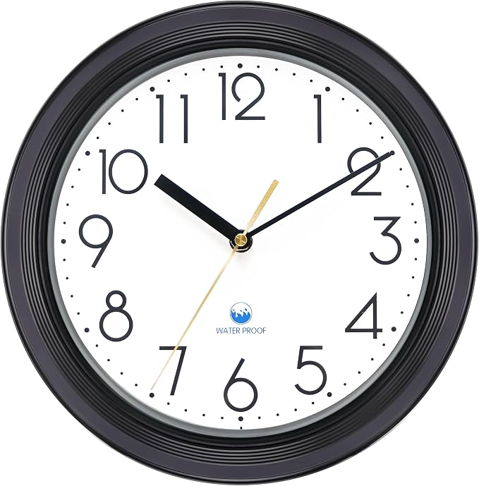 Caysie 11 Inch Sealed Indoor Outdoor Waterproof Wall Clock, Durable Silent Non-Ticking Battery Operated Quality Quartz Round Clock, Wall Decorative for Patio, Pool, Bathroom (Black)