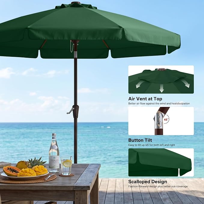 ABCCANOPY 10ft Scalloped Patio Umbrella, Outdoor Table Umbrella with Tilt and Crank, Fiberglass Ribs Deck Umbrella for Patio, Pool, Garden, Picnic (Green)
