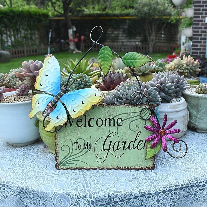 Linfevisi Metal Garden Welcome Sign Decor Rustic Hanging Plaque Decorative Garden Hanging Sign Welcome to My Garden Door Sign with Butterfly Daisy Outdoor Front Porch Yard 10 Inch (Green)