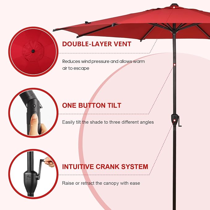 Abba Patio 9FT Lyon Outdoor Patio Umbrella Outdoor Table Umbrella with Push Button Tilt and Crank Market Umbrella 8 Sturdy Ribs UV Protection Waterproof for Garden Deck Backyard Pool Dark Red