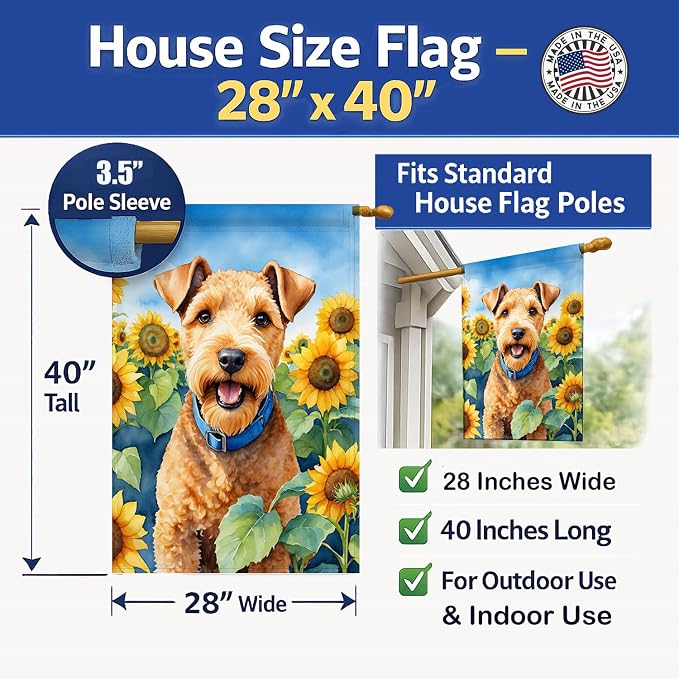 Caroline's Treasures DAC6114CHF Lakeland Terrier in Sunflowers House Flag Large Porch Sleeve Pole Decorative Outside Yard Banner Artwork Wall Hanging, Polyester, House Size, Multicolor