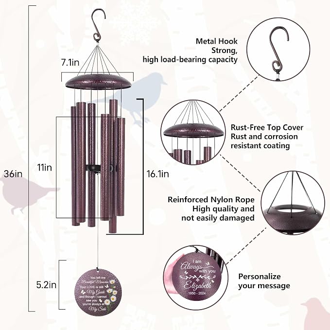 ASTARIN Personalized Memorial Wind Chime for Loss of Loved One 30/36/45 inch, Sympathy Deep Tone Wind Chimes for Mom Dad/Mother Father, Remembrance Gifts for Grief Condolence Funeral, Made in Texas