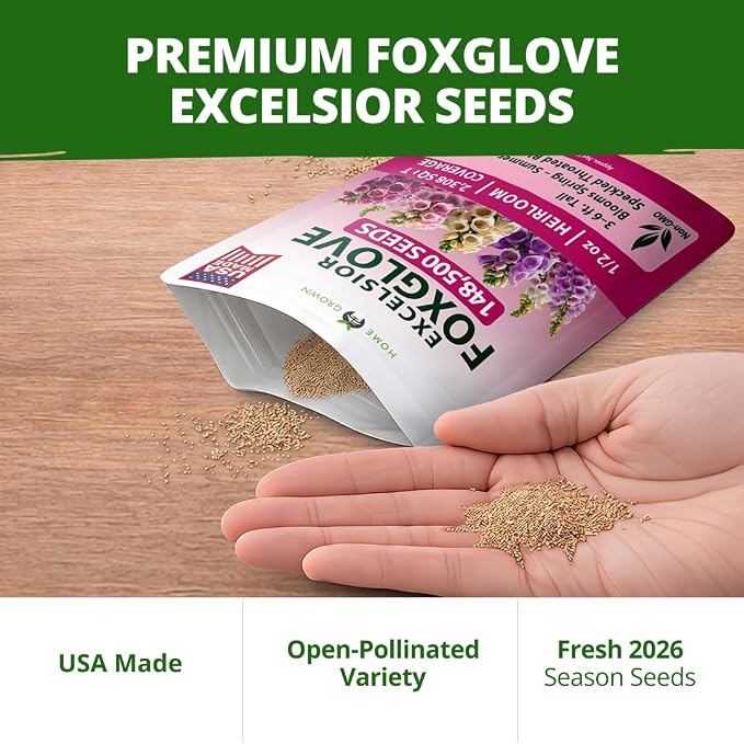 HOME GROWN Foxglove Seeds Mix 148,500 Bulk Mixed Color Flower Seeds 15g for Planting Outdoors Spring 2026, Perennial Wildflowers for Cottage Gardens, Borders & Pollinator Gardens (Digitalis purpurea)