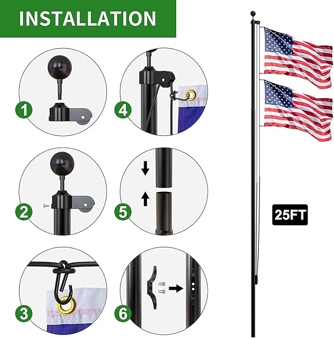 Flag Pole for Outside House, 25 FT Heavy Duty 45K PSI & 95 HBW Hard Aerospace Aluminum Flagpole Kit, Unbending Outdoor In-Ground Flag Poles with 3x5 American Flag for Yard, Residential or Commercial