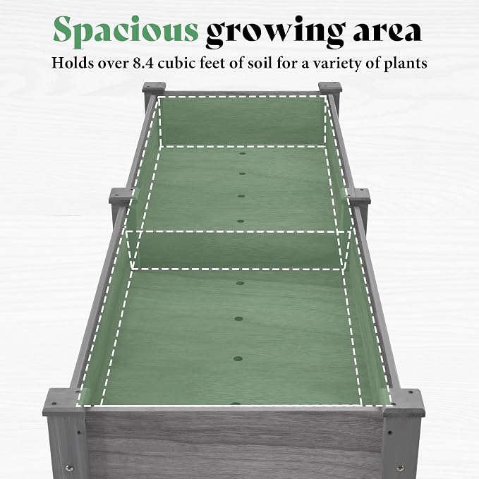AMERLIFE Raised Garden Bed, 72x24x30 Inches Elevated Wood Planter Box with Bed Liner, Legs, Divider, Drainage Holes, Stand for Backyard, Patio, 350 Lb Capacity - Grey