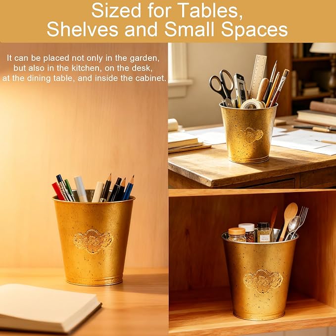 3 Pack Gold Metal Buckets, 6.5" x 6.6" Galvanized Decorative Pails for Floral Arrangements, Plant Pot Covers, Party Favors, Wedding Table Decor and Small Storage