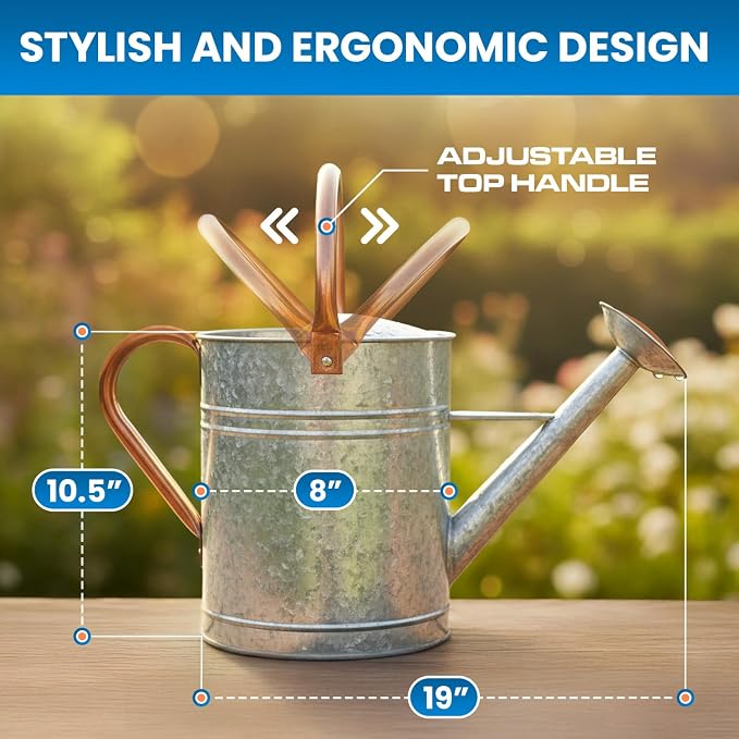 Plexon Large Metal Watering Can Outdoor 2 Gallon, Plant Flower Gardening Garden Watering Can Pot, Bronze Galvanized Steel Handles and Removable Spray Spout, Silver