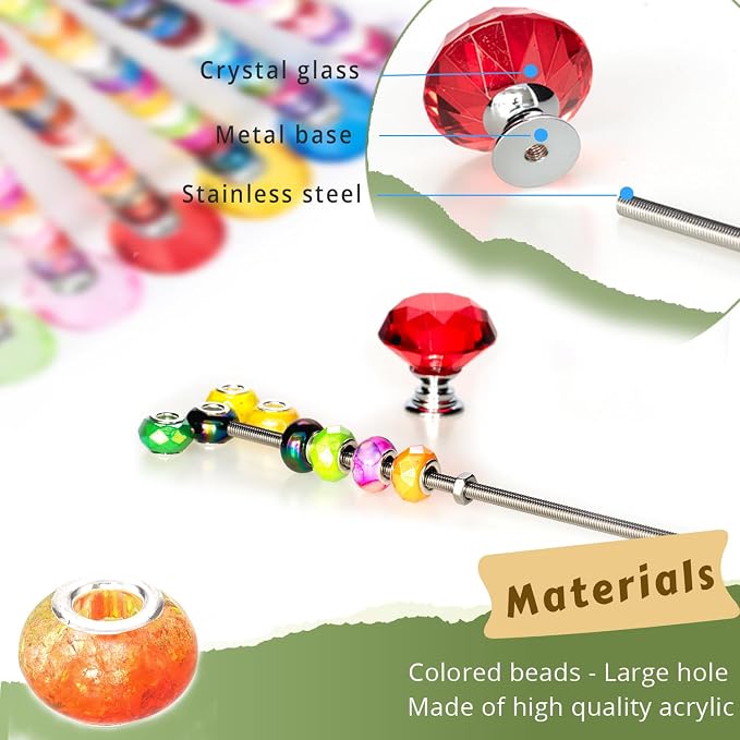 Prefdo 236 PCS Decorative Garden Stakes DIY Fairy Wand Beaded Kit | Diamond Stopper Tops, 12 In Threaded Rod, 200 Colorful Beads, Indoor Outdoor Plant Flower Pot Décor