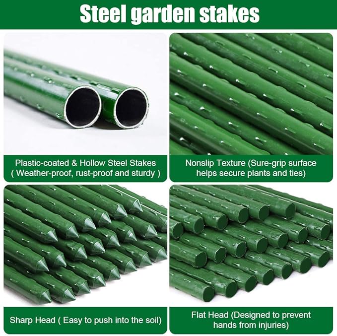 Mininfa Steel Plant Stakes 6 Feet, Plastic Coated Metal Garden Stakes Supports Climbing for Tomatoes, Trees, Beans, 10 Pack