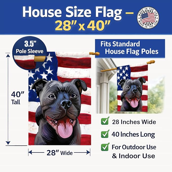 Caroline's Treasures CK6724CHF Staffordshire Bull Terrier American Flag House Flag Large Porch Sleeve Pole Decorative Outside Yard Banner Artwork Wall Hanging, Polyester, House Size, Multicolor