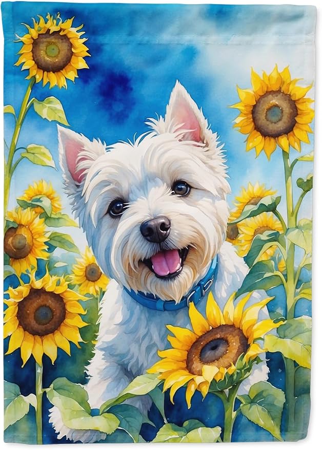 Caroline's Treasures DAC6174CHF Westie in Sunflowers House Flag Large Porch Sleeve Pole Decorative Outside Yard Banner Artwork Wall Hanging, Polyester, House Size, Multicolor