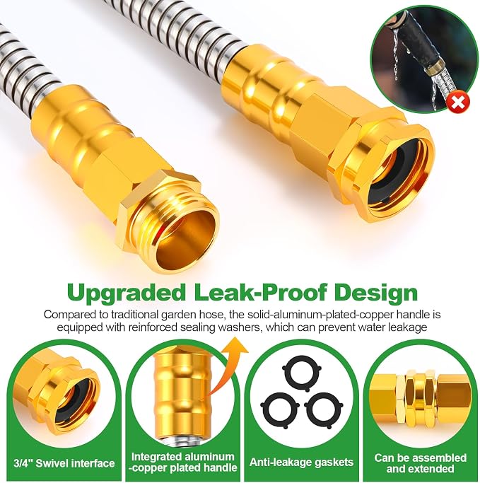 Garden Hose 50FT, Flexible Stainless Steel Metal Water Hose with 10-Function Nozzle, No-Kink, Leak-Proof, Wear-Resistant, 3/4 GHT, Easy to Use and Store for Garden, Yard, Lawn, Outdoor