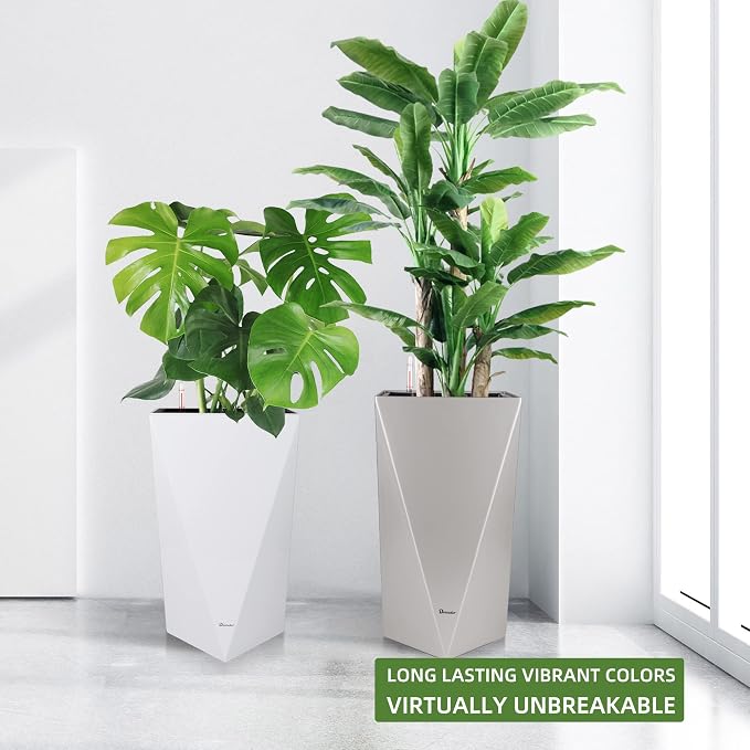 Dexceder 24 Inches Self Watering Tall Planter (Gray) | Diamond Metallic Matte, Thickened Rhombus Large Floor Standing Flower Plant Pot with Water Level Indicator Indoor Outdoor