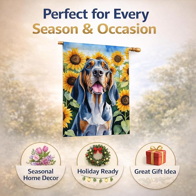 Caroline's Treasures DAC6007CHF American English Coonhound in Sunflowers House Flag Large Porch Sleeve Pole Decorative Outside Yard Banner Artwork Wall Hanging, Polyester, House Size, Multicolor