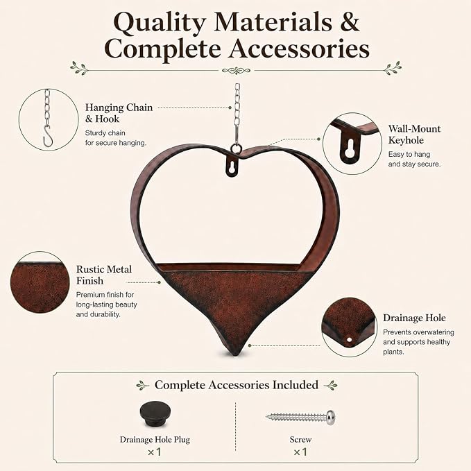 Metal Hanging Planters for Indoor & Outdoor Plants - Heart Shaped Planters for Wall or Window,Garden Patio or Indoor Decor for Women(Cooper)
