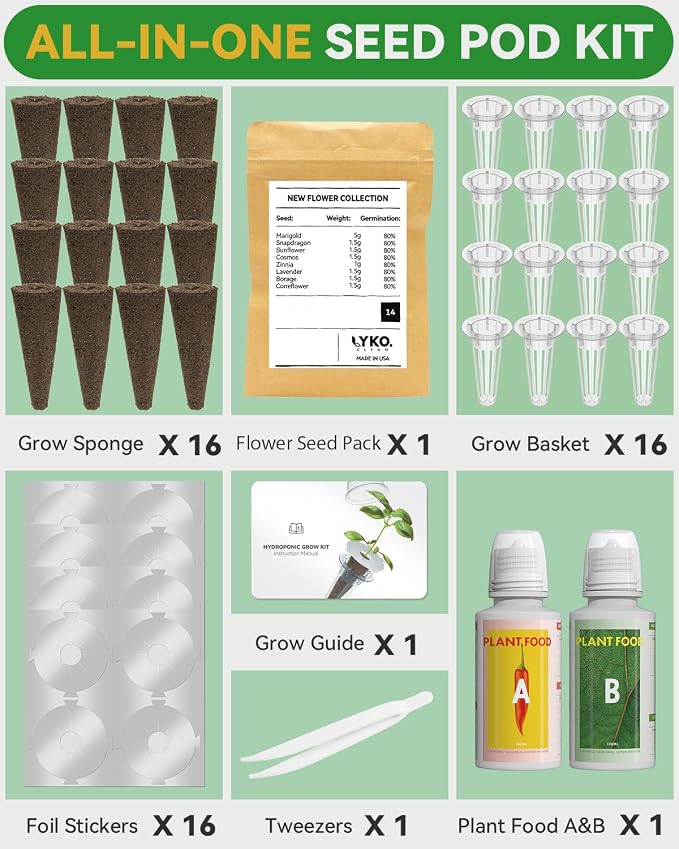 Vibrant Flower Seed Pod Kit Compatible with Gardencube, idoo,Ahopegarden Hydroponics Growing System with Marigold,Snapdragon,Cosmos,Sunflower,Zinnia,Lavender,Borage,Coneflower(16-Pod)