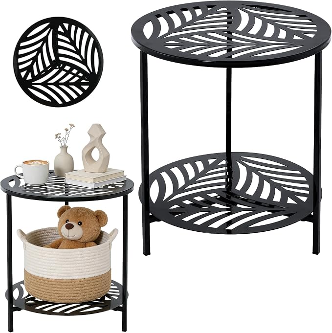 17.7" Two-tiered Metal Round Side Tables Extra-large Black Outside End Table for Patio Round Accent Garden Corner Stand for Small Spaces Weather-resistant Coffee Table for Balcony Porch Plant Stand