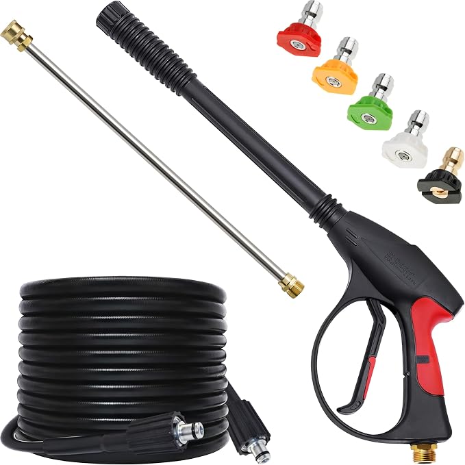Pressure Washer Gun, 3000 PSI Max Power Washer Wand with 26.2 ft Hose, M22-14 mm Copper Connector, Stainless Steel Lance, 5 Nozzles for Car, Patio, Fence, Siding Cleaning