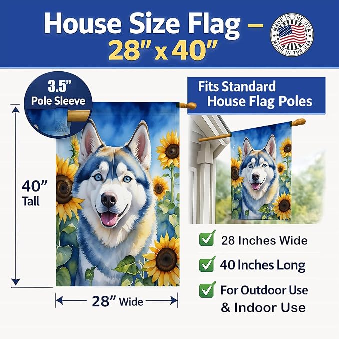 Caroline's Treasures DAC6163CHF Siberian Husky in Sunflowers House Flag Large Porch Sleeve Pole Decorative Outside Yard Banner Artwork Wall Hanging, Polyester, House Size, Multicolor