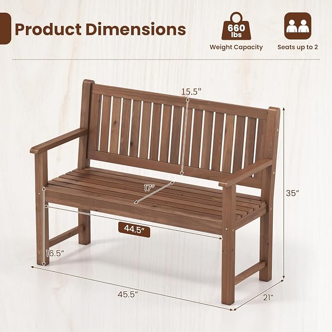 Tangkula 2-Seater Outdoor Wooden Bench, Garden Loveseat Bench with Backrest, Armrests, Slatted Seat, Loads up to 660 LBS, Fir Wood Bench Seating for Porch, Backyard, Deck, Poolside (45.5",Brown)