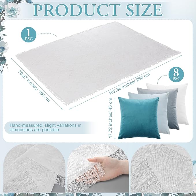 Moukeren 10 Pcs 71''x102'' Extra Large White Outdoor Boho Picnic Blanket with Table Runner and 8 Throw Pillow Covers Oversized Washable Portable Beach Blanket for Picnic Camp Lawn Wedding