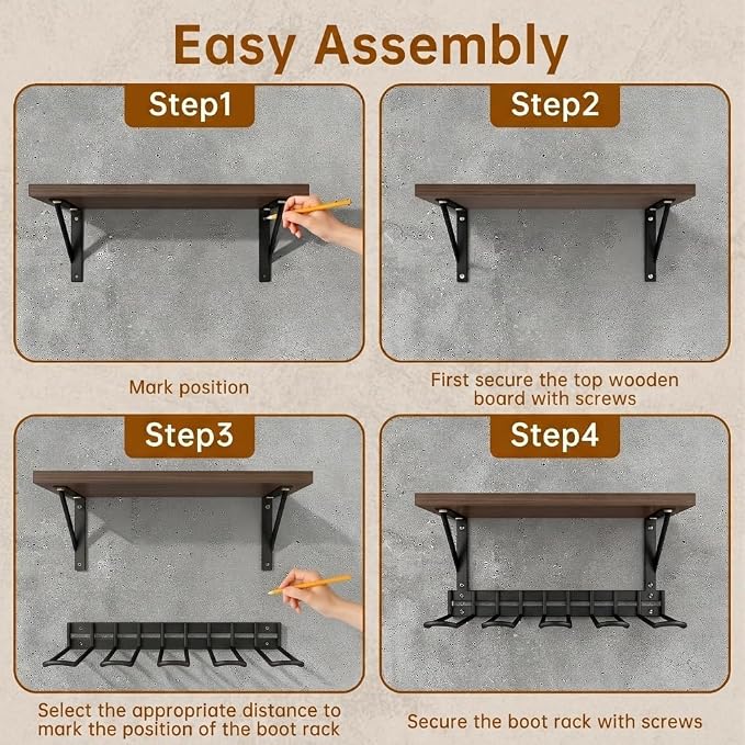 Decoroca Wall Mount Boot Rack, Garden Tool Organizer With 5 Curved Hooks & Wood Shelf, Heavy Duty Wader Boot Hangers Organizer Rack Trays for Outdoor/Indoor, Garden, Garage