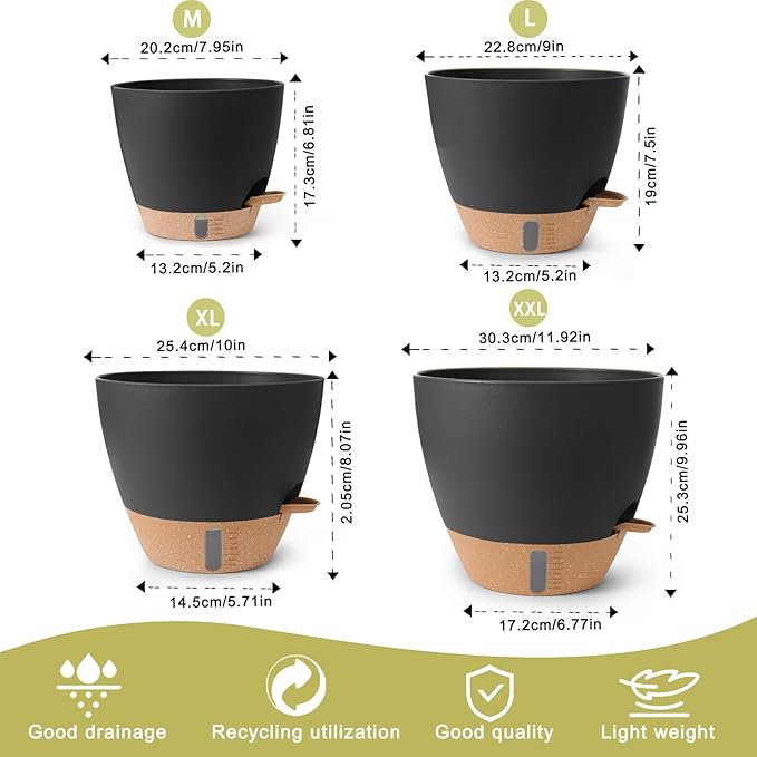 Self Watering Pots for Indoor Plants 12/10/9/8 Inch Large Plastic Self Watering Flower Pots Indoor Outdoor with Drainage Holes, Deep Reservoir,Nursery Planting Pot for Indoor Outdoor Plants Black
