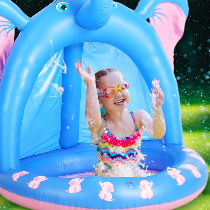 47 Inches Baby Pool with Canopy Elephant Inflatable Baby Swimming Pool with Soft Floor Bottom and Built in Sunshade Water Sprinkler for Kids Outdoor Indoor Game Play Center