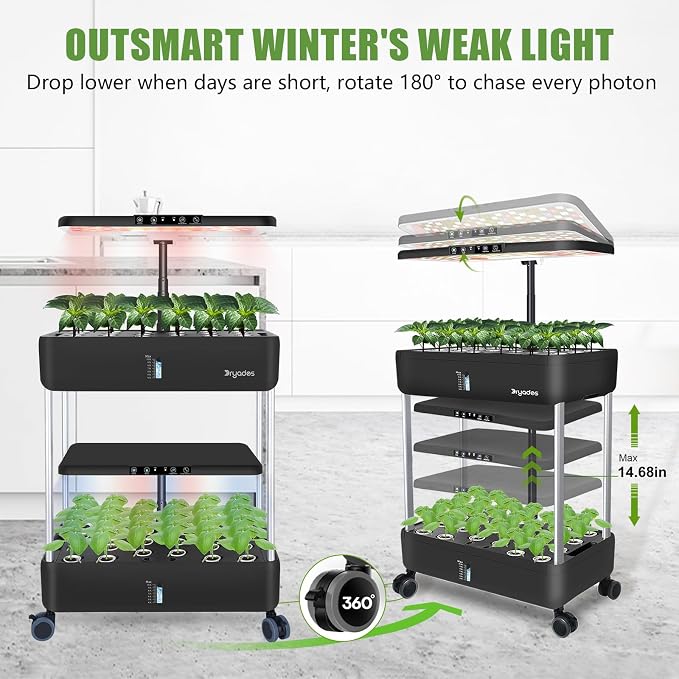 Large Hydroponics Growing System Kit,44-Pod with 3 Seed Packs | Includes Basil, Buttercrunch Lettuce & Gourmet Salad Mix seeds; 2-Tier, independent tanks and full-spectrum lights.