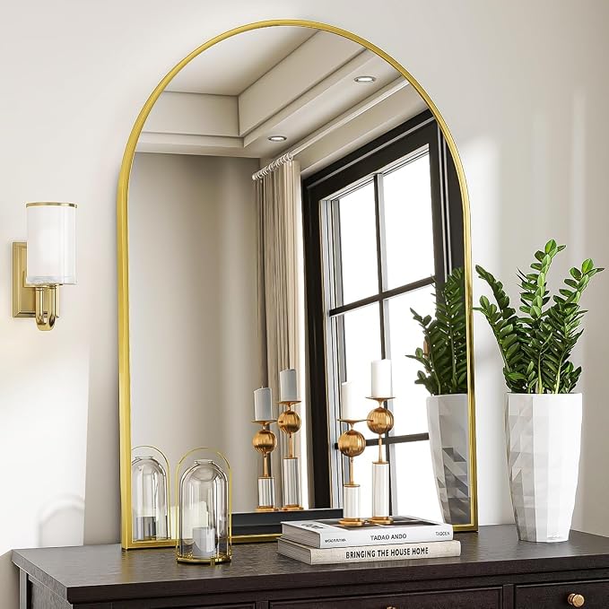 Arched Wall Mirror, 30 x 38 inch Arch Bathroom Mirror Gold | Wall Mounted Bathroom Vanity Mirror with Arch Metal Frame, Modern Room Decor for Bedroom, Entryway, Hanging or Leaning