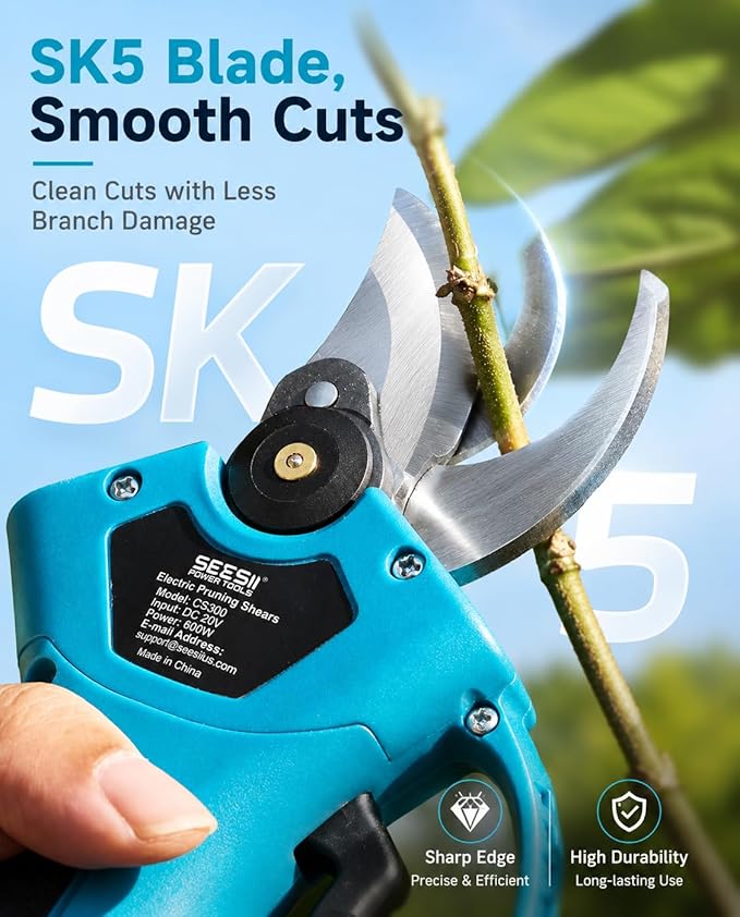 SEESII Electric Pruning Shears, 1.4" Cutting Cordless Power Pruner, 2×2000mAh Batteries, Brushless Motor, Extra SK5 Blade, 2 Modes Battery Powered Branch Cutter for Garden Tree Trimming