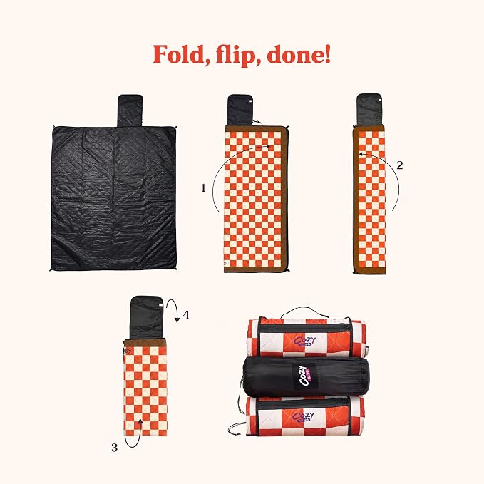 Cozy Club Waterproof Picnic Blanket – Foldable Outdoor Mat 60x70 with Stakes, Pocket & Shoulder Strap | Sandproof Beach Blanket for Festivals, Camping & Travel | Self-Packing | Terracotta | US Brand