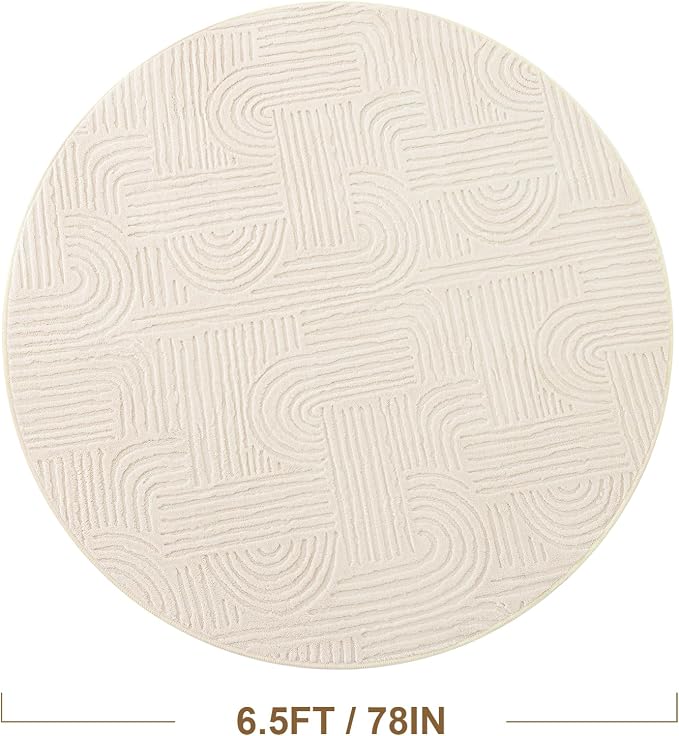 Carvapet 6.5ft Round Area Rug Beige Abstract Washable High Low Pile Carpet | Soft plush textured rug with non slip backing for living rooms, bedrooms, nurseries and cozy indoor spaces