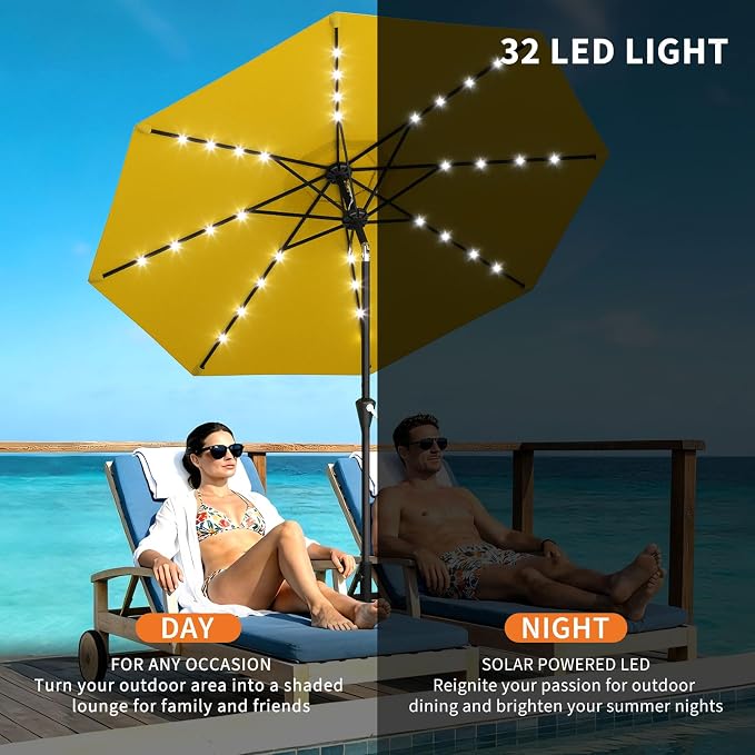 Garvee 10FT Solar Patio Umbrella with 32 LED Lights - Outdoor Table Umbrella with Crank Lift, Push Button Tilt and 8 Sturdy Ribs - Market Umbrella UV Protection for Pool, Deck, Yard, Garden -Yellow
