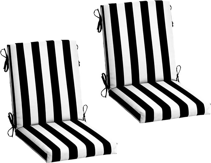 Arden 2-Pack Patio Dining Outdoor Chair Cushions, 20x44, Rain-Proof Seat Pad, Fade-Resistant Outdoor Black Cabana Stripe