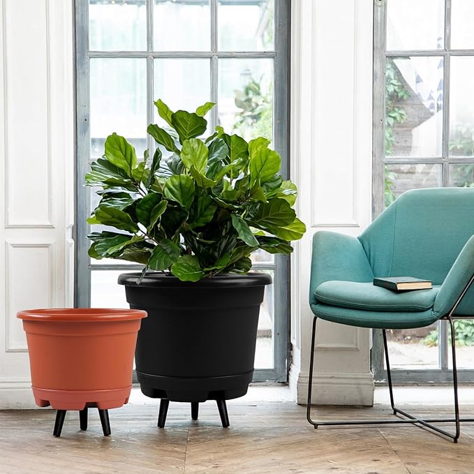 KPUVX 5 Pack 8.5 inch Plant Pot,Outdoor Flower Pots,Plastic pots for Plants Indoor with Drainage Holes and Trays, Decorative Garden Containers Sets for Houseplants
