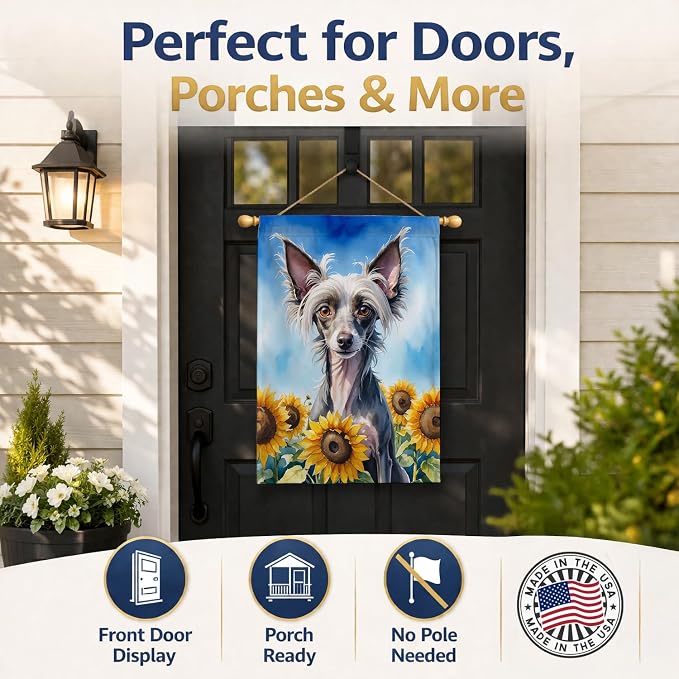 Caroline's Treasures DAC6053CHF Chinese Crested in Sunflowers House Flag Large Porch Sleeve Pole Decorative Outside Yard Banner Artwork Wall Hanging, Polyester, House Size, Multicolor