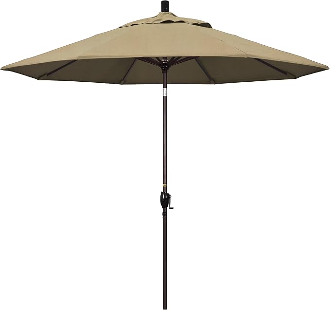 California Umbrella 9' Round Aluminum Market Umbrella, Crank Lift, Push Button Tilt, Bronze Pole
