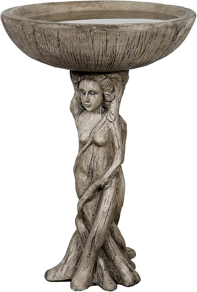 SKYFIRE 25” Tall Outdoor Concrete Bird Bath -Tree Nymph Goddess Pedestal Birdbath Bowl with Wood Grain Texture for Patio, Lawn, Yard, Outdoor Decor - 17”Dia. Garden Decor Statue Birdbaths for Birds