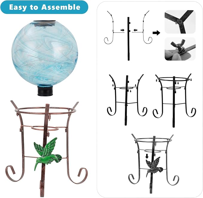 10 Inch Solar Glass Gazing Ball with 9.4" H Metal Stand | Solar Gazing Globe Lights Display Holder Set for Outdoor Garden Lawn Yard Decoration, Blue Water Ripple