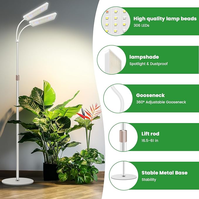 Wiaxulay Grow Lights for Indoor Plants, 306 LED Full Spectrum Plant Light with Stand, Height Adjustable 24-68 in for Growing Large Tall Plants, 4/8/12/16H Timer,3 Lighting Modes,5 Brightness (2 Heads)
