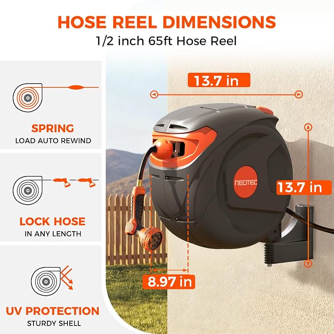 New Retractable Garden Water Hose 65ft 1/2 inch, Wall Mounted Hose Reel with Automatic Rewind System, Any-Length Lock & Spray Nozzle for Efficient Yard Work