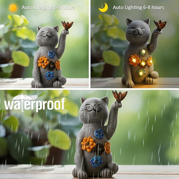 Riakrum Cat Hide a Key Outside Figurine Key Hider with Solar Light Yard | Resin Waterproof Garden Statue, Hidden Spare Key Compartment, Solar Lights Glow at Night, Gift for Women Homeowners