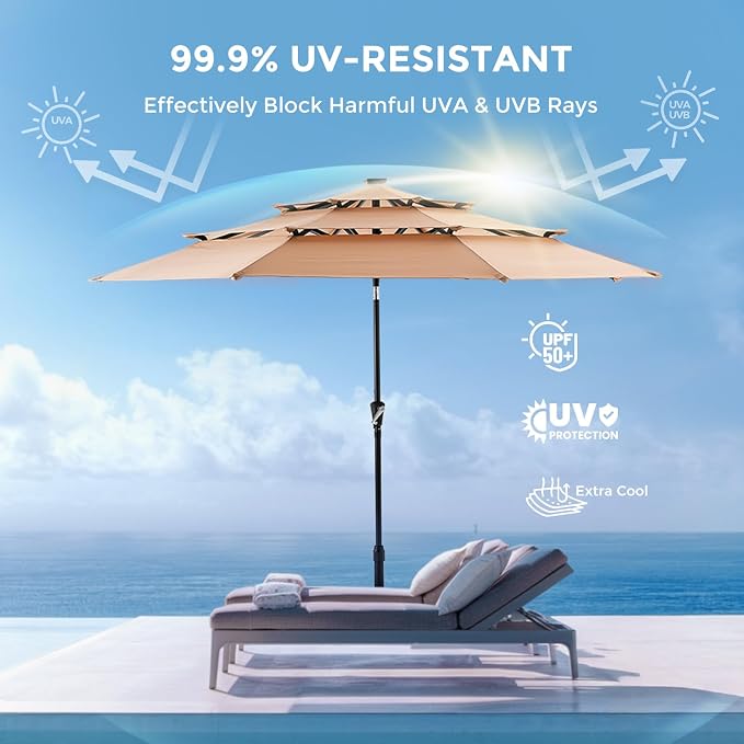 HOMSHADE 3-Tier Patio Umbrella with Solar Lights(Beige,No Base) | 5-Year Fade Resistant;32 LED Lights;Windproof;8 Thicker Ribs;UPF50+;Pool,Lawn,Garden,Deck