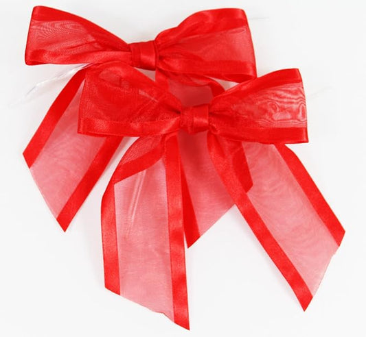 Red Pre-Tied Organza Bows with Twist Ties. Pack of 12 Satin-Edged Fabric Bows Made of 1-1/2" Ribbon. Bow Measures 4" Wide (12, Red)