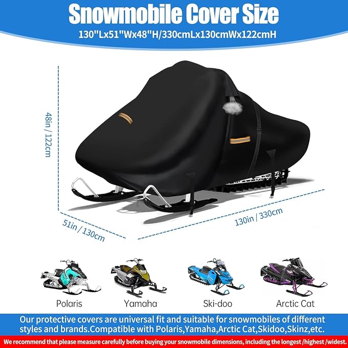 420D Snowmobile Cover, 130" L x 51" W x 48" Heavy Duty Oxford Fabric, with Windproof Buckles Reflective Universal Snow Mobile Cover for Skidoo,Arctic Cat,Pro RMK,Yamaha,Lynx,Camso,CFMOTO