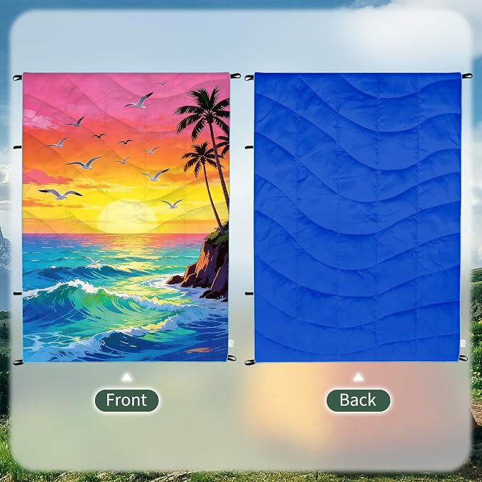 Outdoor Puffy Camping Blanket, Packable Outdoor Blanket Waterproof Down Alternative for Camping, Hiking, Backpacking, Traveling, Picnic, Beach, Lawn, Stadium (Sea, 39 * 55'')