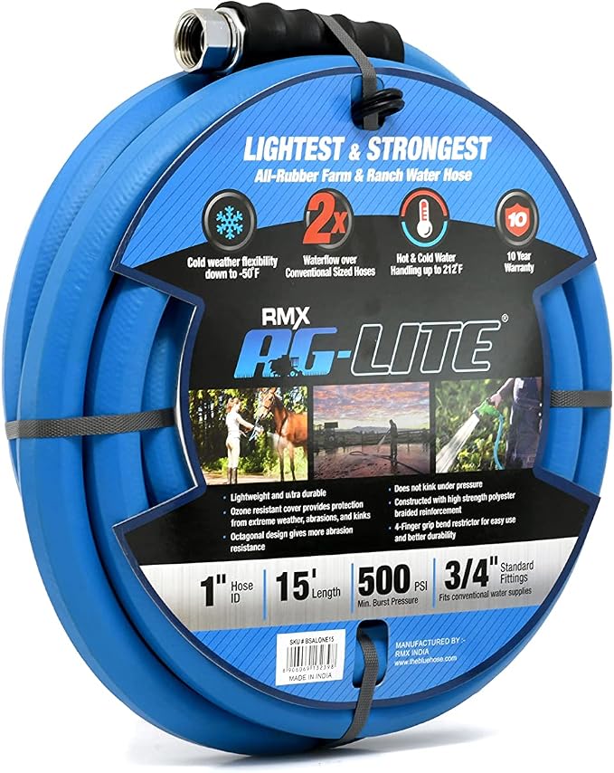 AG-LITE BSALONE15 1" x 15' Hot/Cold Water Rubber Garden Hose, 100% Rubber, Ultra-Light, Super Strong, 500 PSI, 50F to 190F Degrees, High Strength Polyester Braided, 2x Water Flow